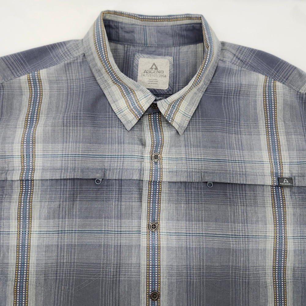 Ascend Blue Grey Plaid Button Down Shirt Mens 2XLT Outdoor Hiking Adventure